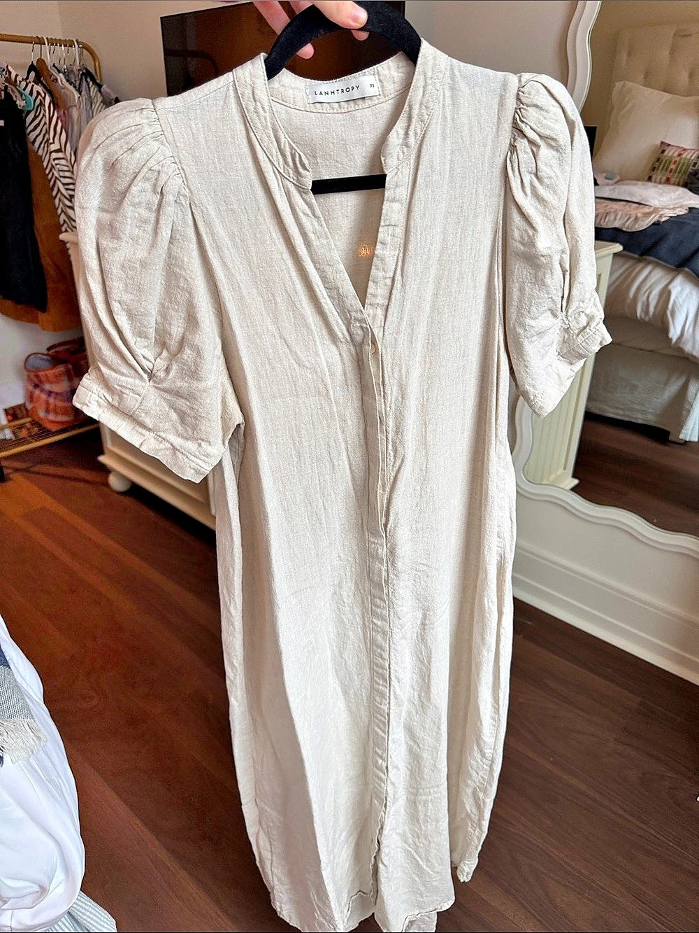 LANTHROPY Puff Sleeve Mini Dress in Cream Size XS Like New